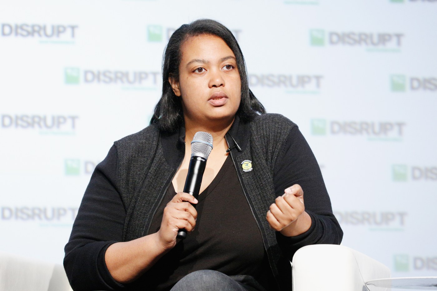 Arlan Hamilton speaking at TechCrunch Disrupt.